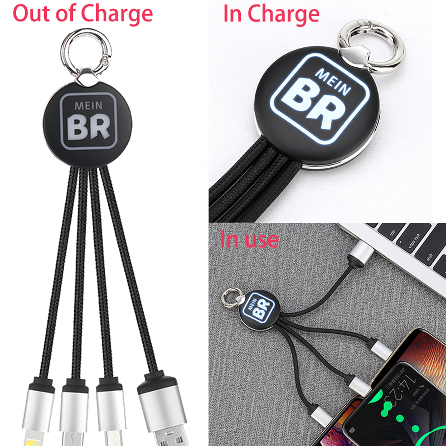 3-in-1 Triplet Charging Cable LED Light Up Logo with Keychain 3