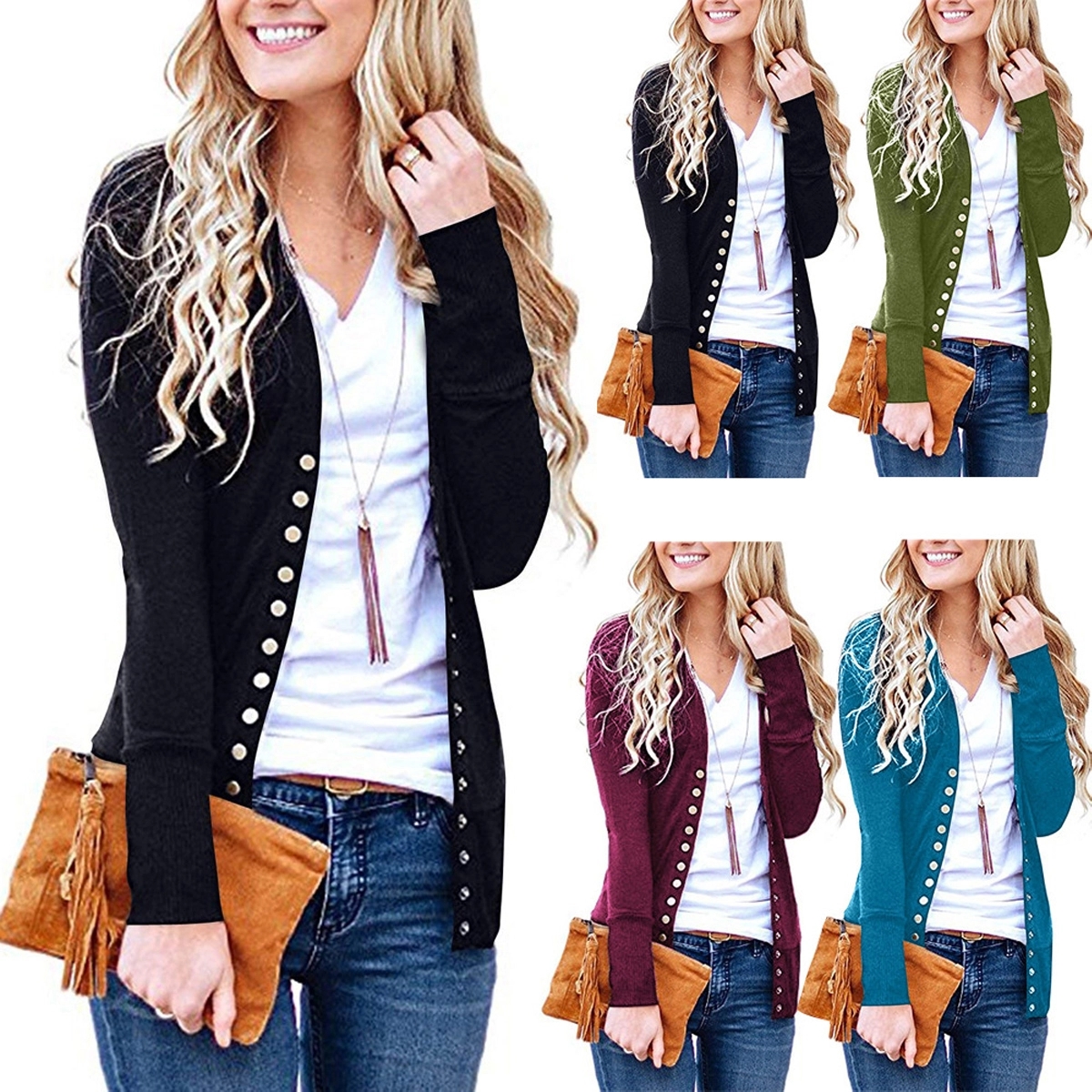 Women's Long Sleeve Snap Button Down Knit Neckline Cardigans 3