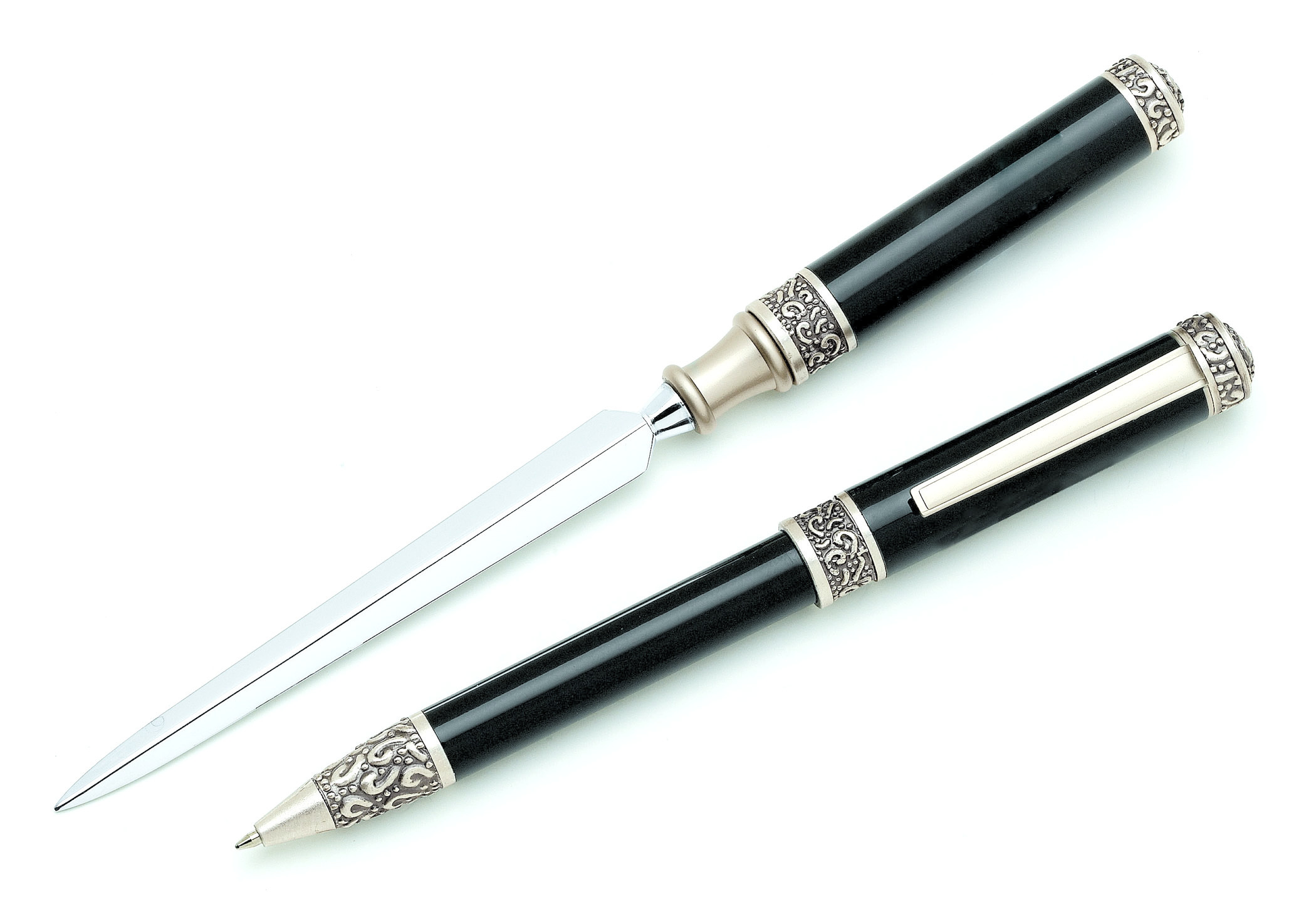 Intalica Ballpoint Pen and Letter Opener Set with Cast Metal Appointments and Black High Gloss Body