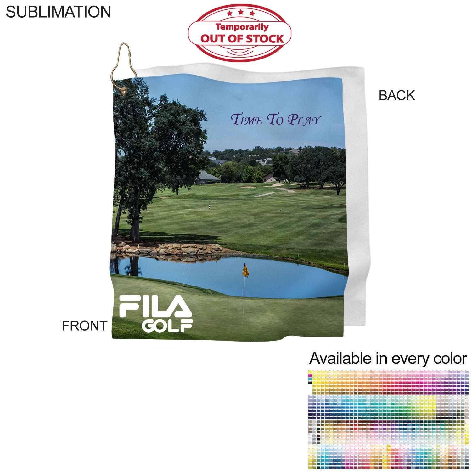 Microfiber Suede Shammy Golf Towel, Finished size 15x15, Nofold Grommet & Hook, Sublimated 3