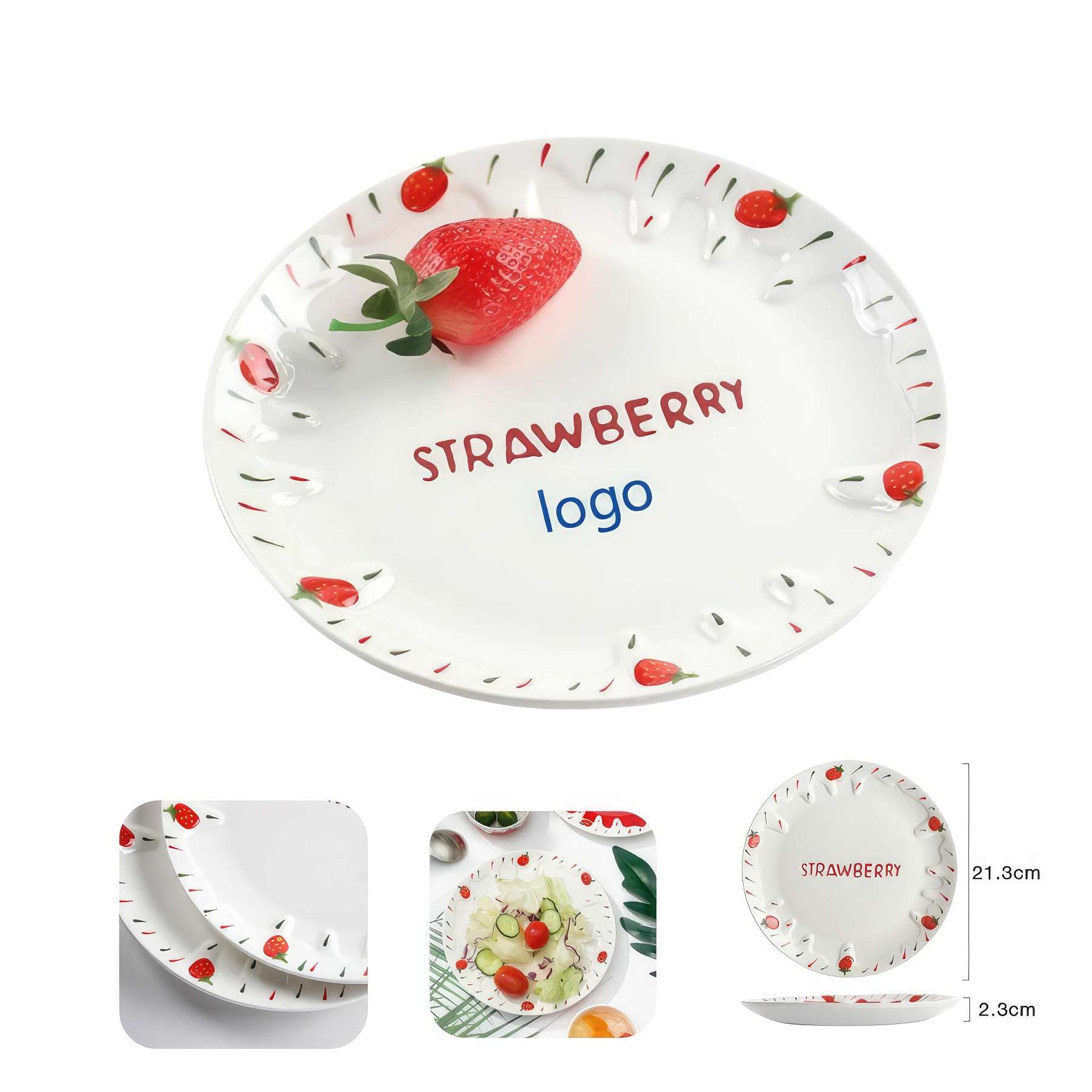 11.15 Inch Milk White Strawberry Embossed Ceramic Flat Plate 1