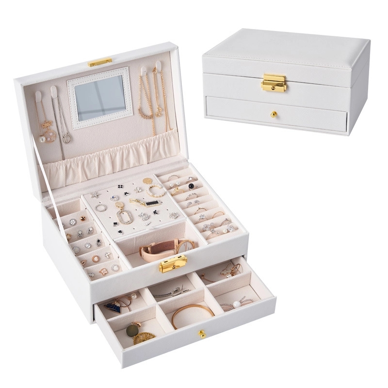 Custom 2-Layer PU Jewelry Organizer Box with Drawer & Mirror 6
