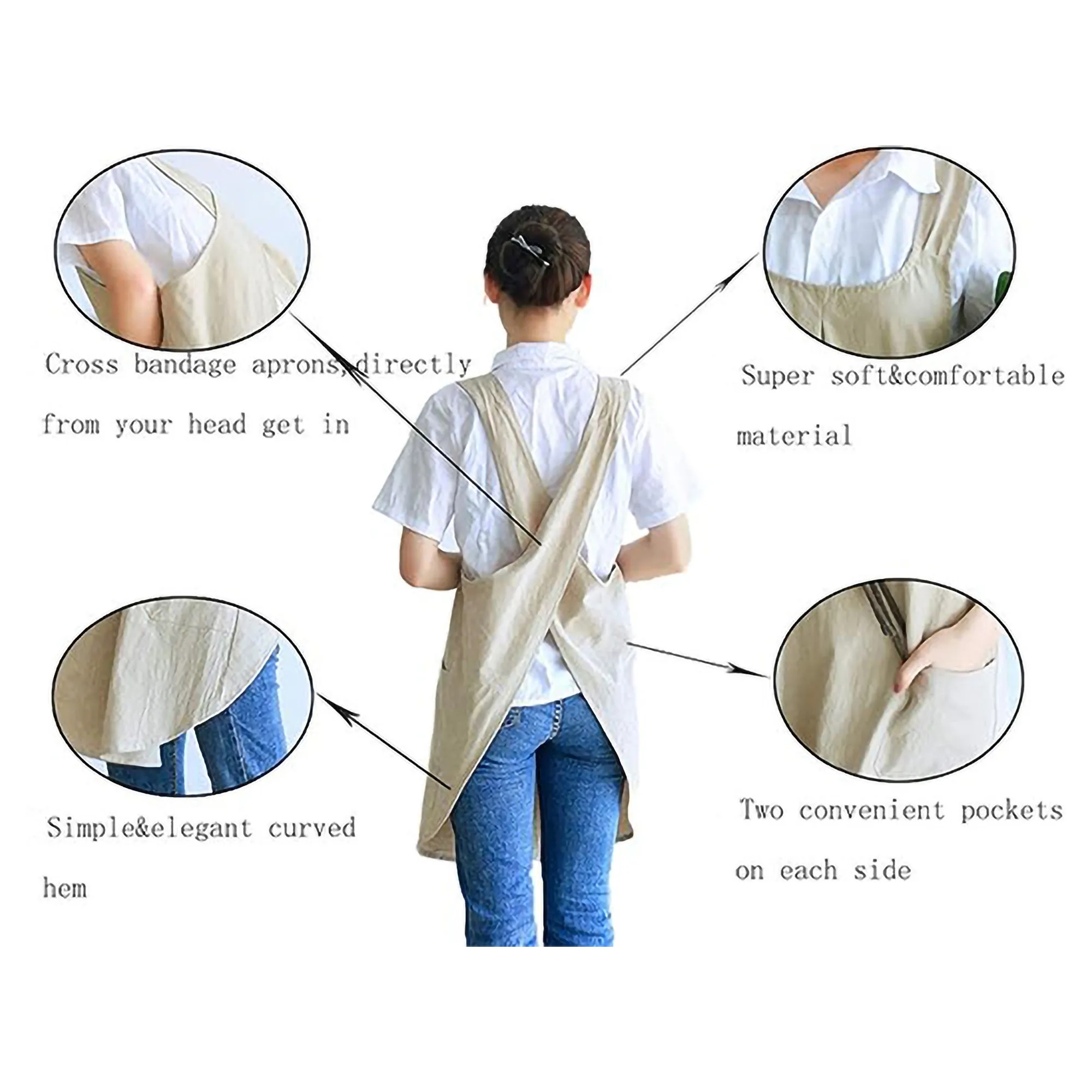 Versatile Cotton Linen Apron  Cross-Back Straps Dual Pockets 2