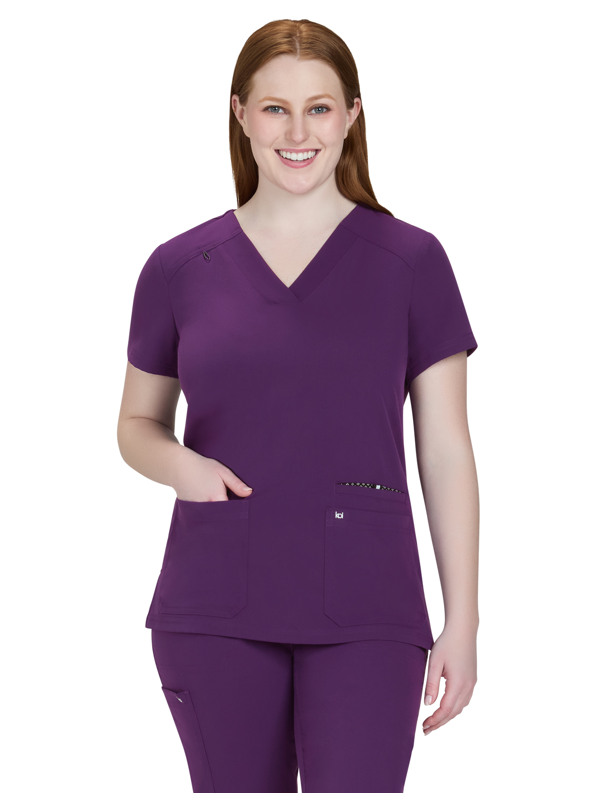 koi - Next Gen - Women's Three-Pocket Wide V-Neck Stretch Hustle and Heart Top 43