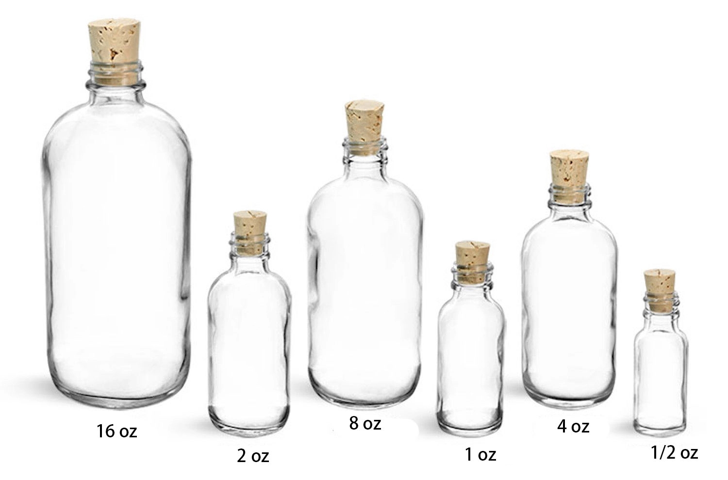 Clear Glass Boston Round Bottles W/ Cork Stoppers 3