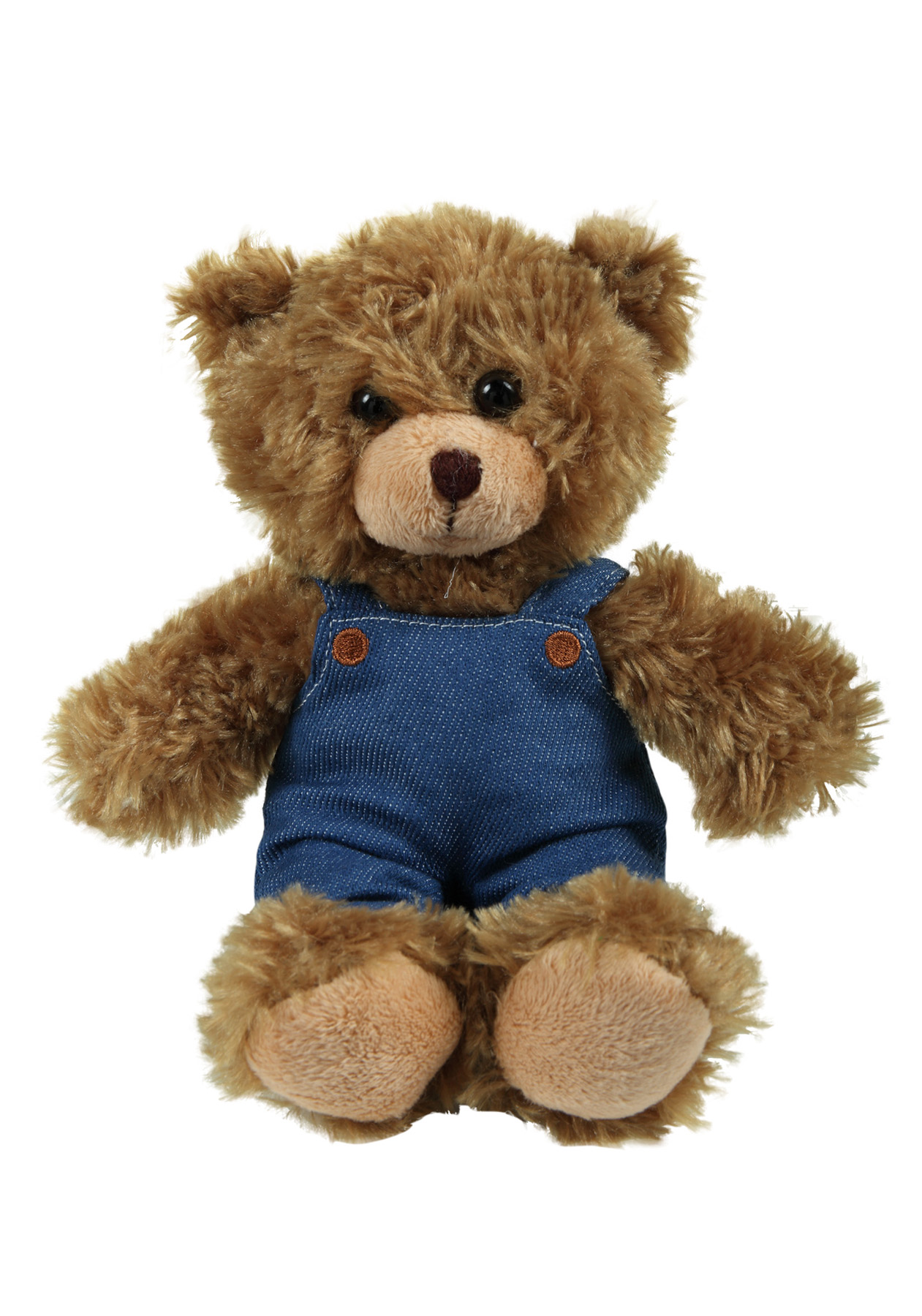 soft plush Mocha Curly Sitting Bear  in denim overall