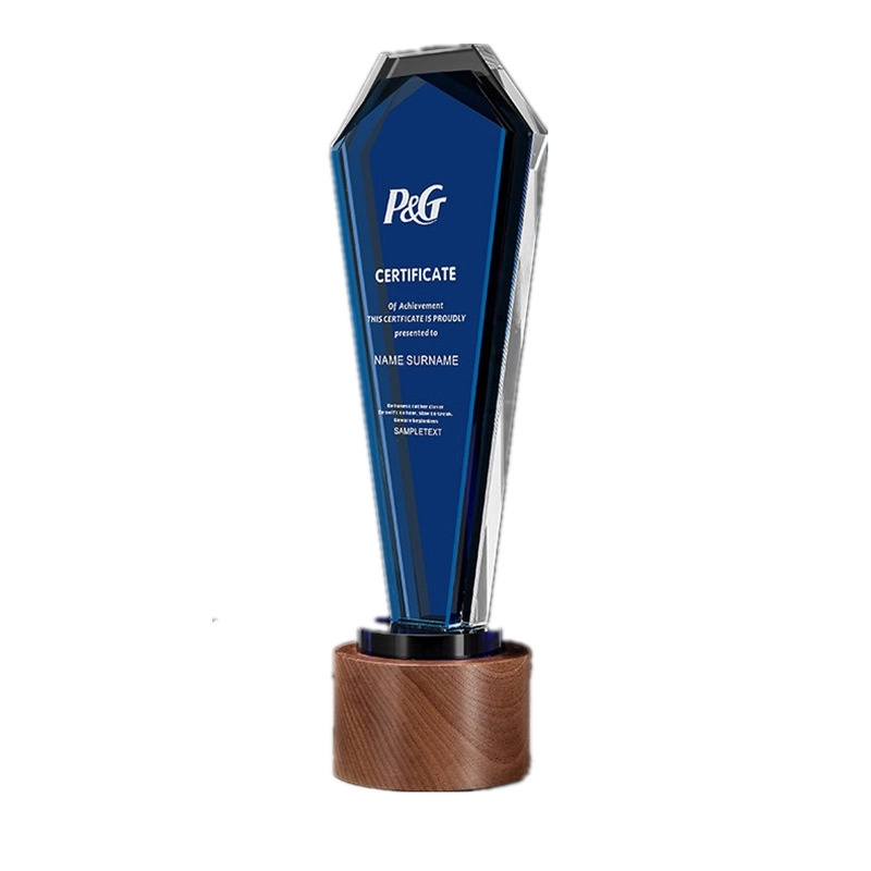 Plaque Design Blue Crystal Trophy with Wooden Base 6