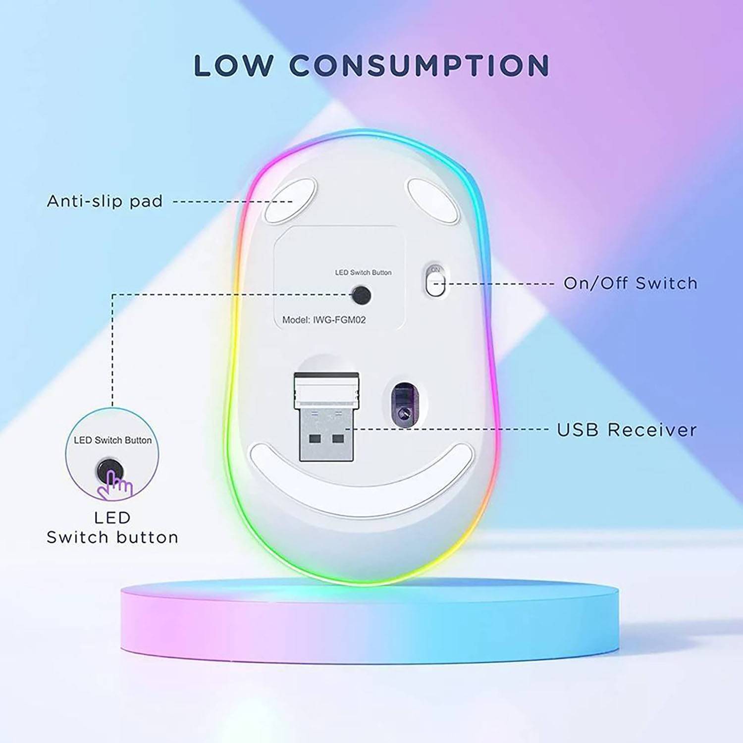Rechargeable Colorful LED Lights Wireless Silent Mouse 7