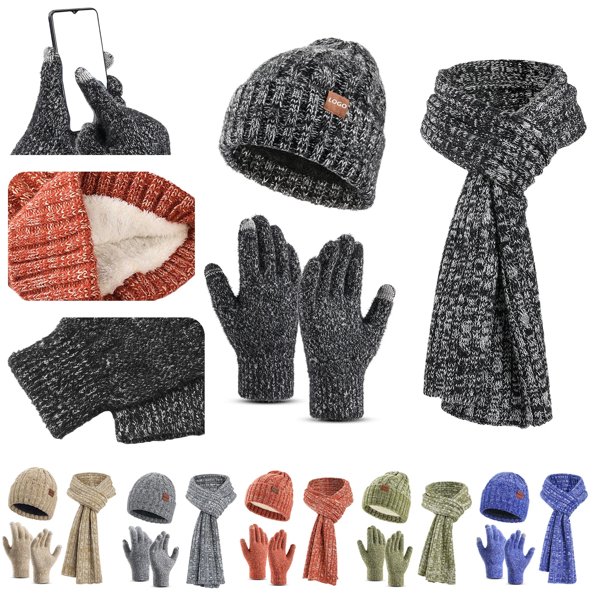 3 In 1 Winter Beanie Hat Gloves Scarf Set