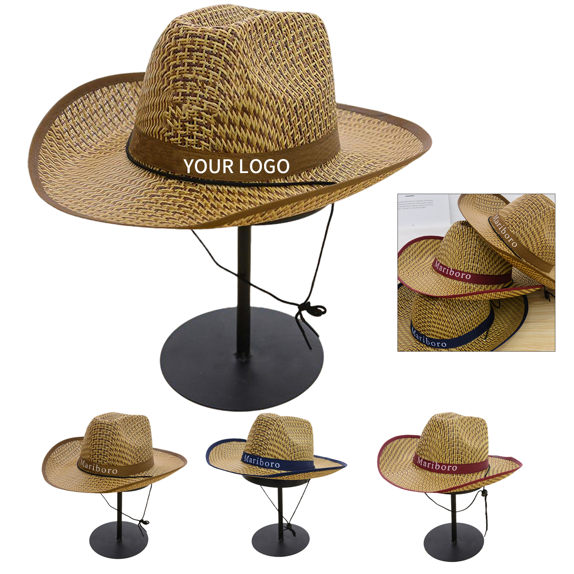 Wide Brim Cowboy Straw Style With Center Print 15.5 X 11.5 X 5.5" 5