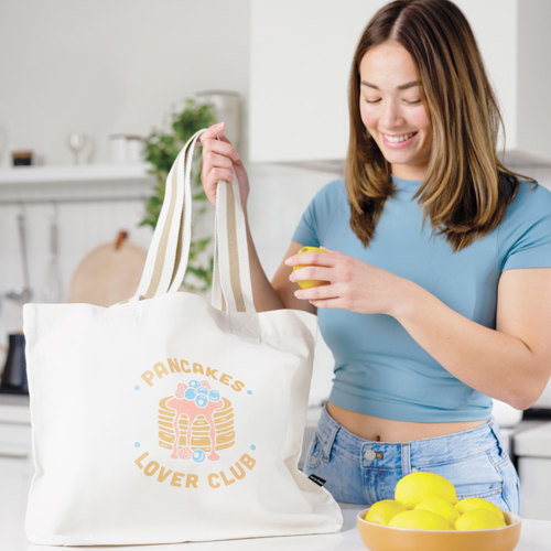 Deluxe Oversized Canvas Tote Bag with Striped Handles, custom tote bag with logo imprint 1