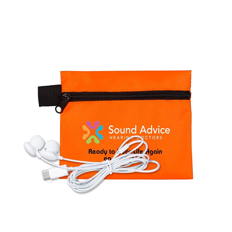 Mobile Tech Earbud Kit In Zipper Pouch Components inserted into Polyester Zipper Pouch 24