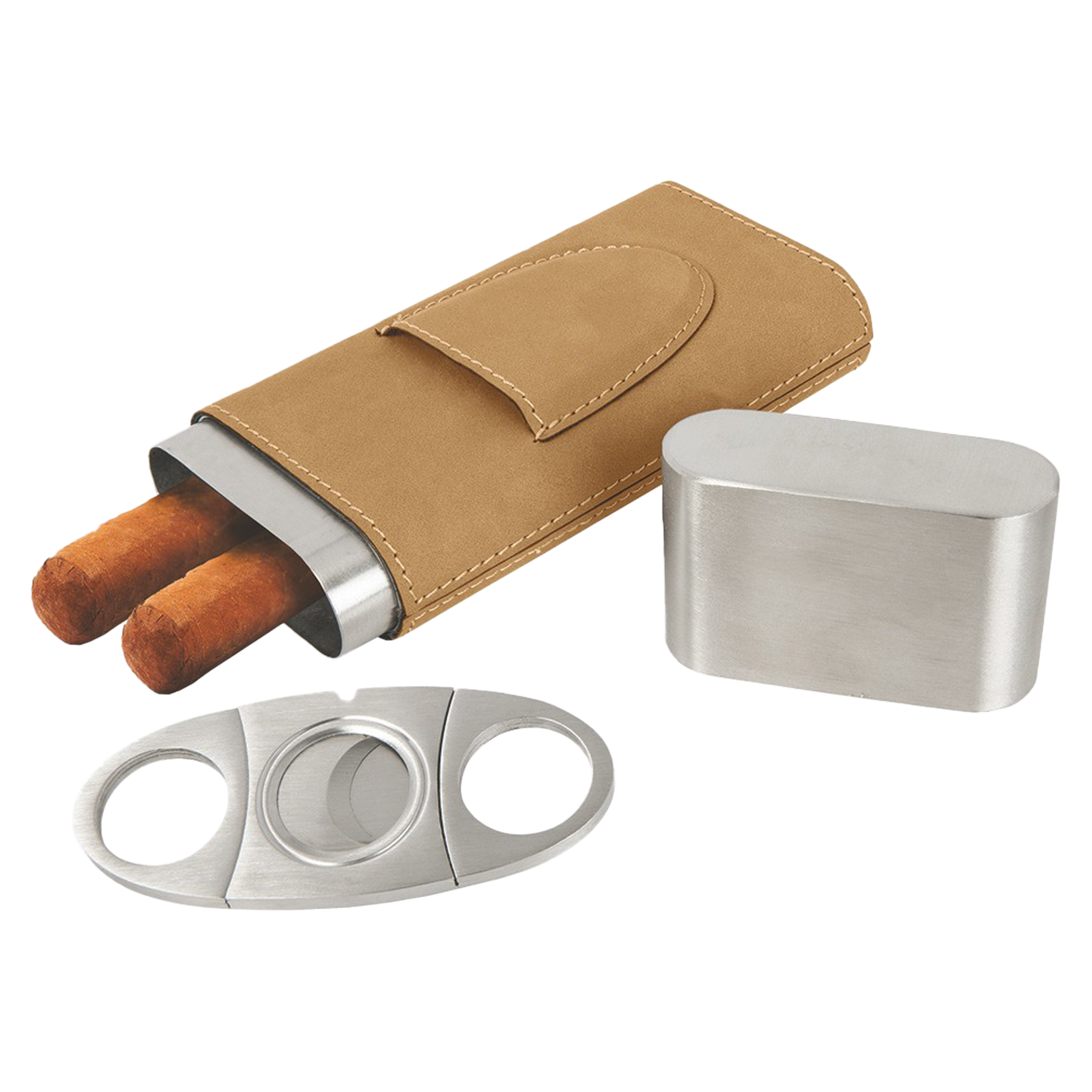 Light Brown Leatherette Cigar Case w/ Cutter 2