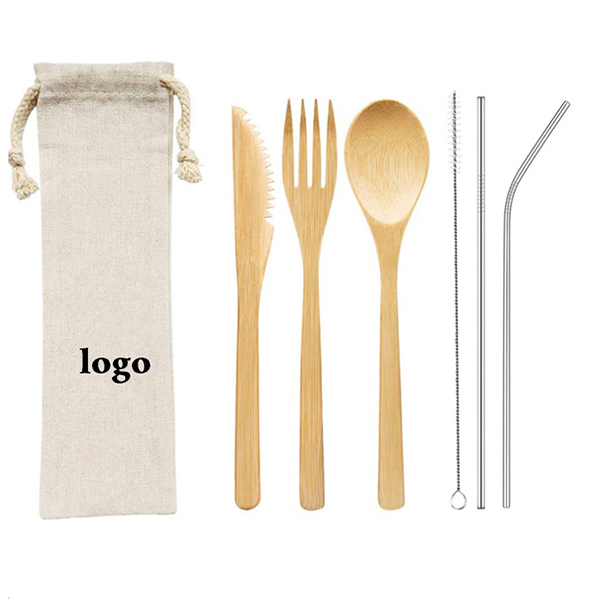 Reusable Eco-Friendly Bamboo Cutlery Set with Drawstring Bag 2