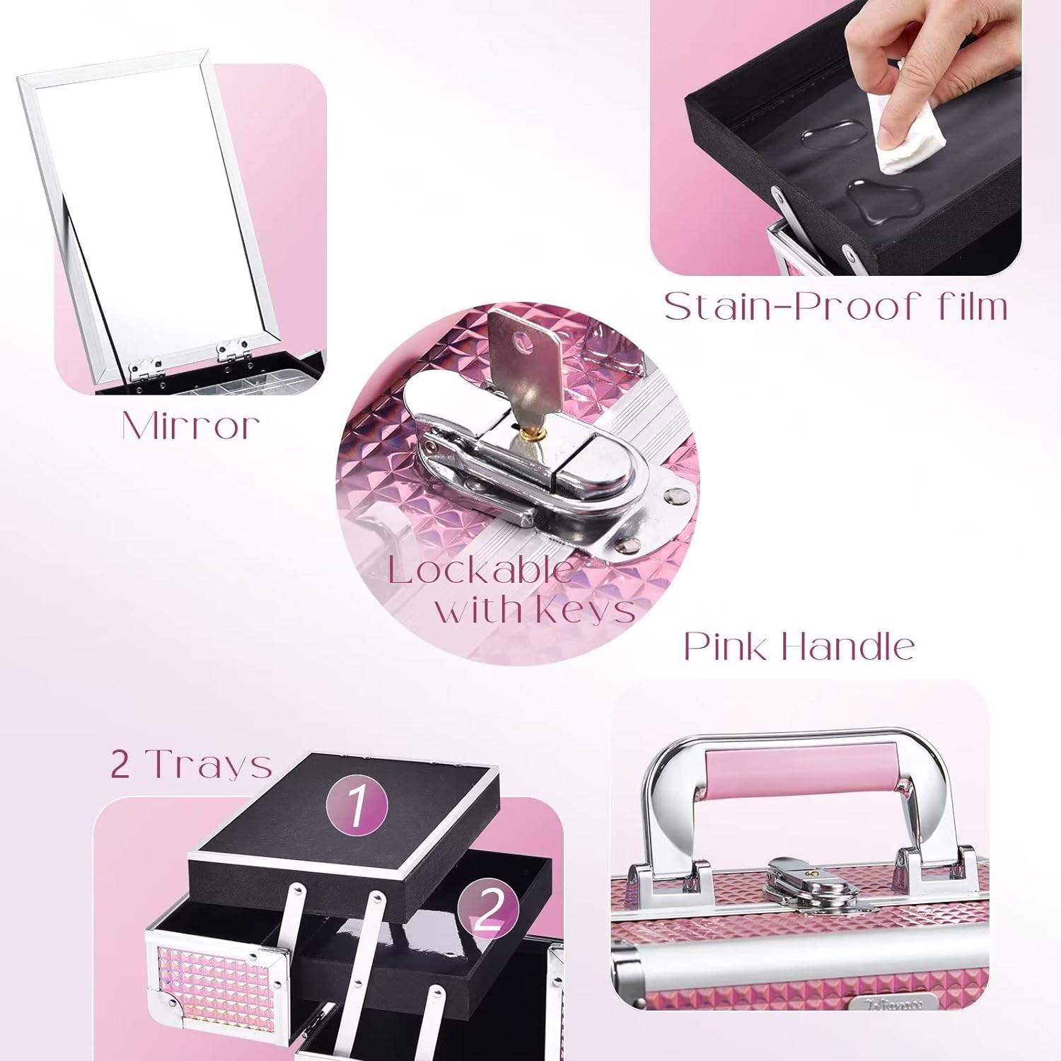 Portable Diamond Patterned Pink Makeup Case With Mirror 6