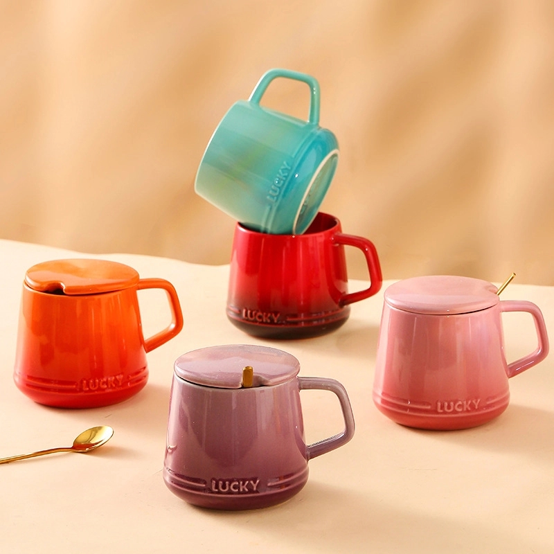 12OZ Colorful Ceramic Mug Cup and Saucer Set with Lid Spoon 2
