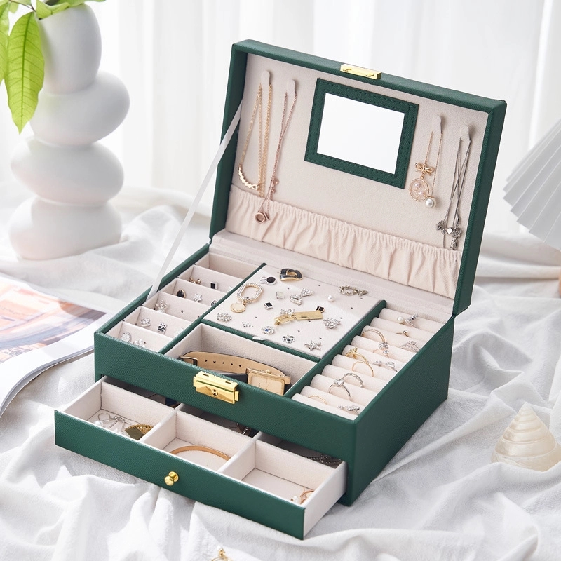 Custom 2-Layer PU Jewelry Organizer Box with Drawer & Mirror 5