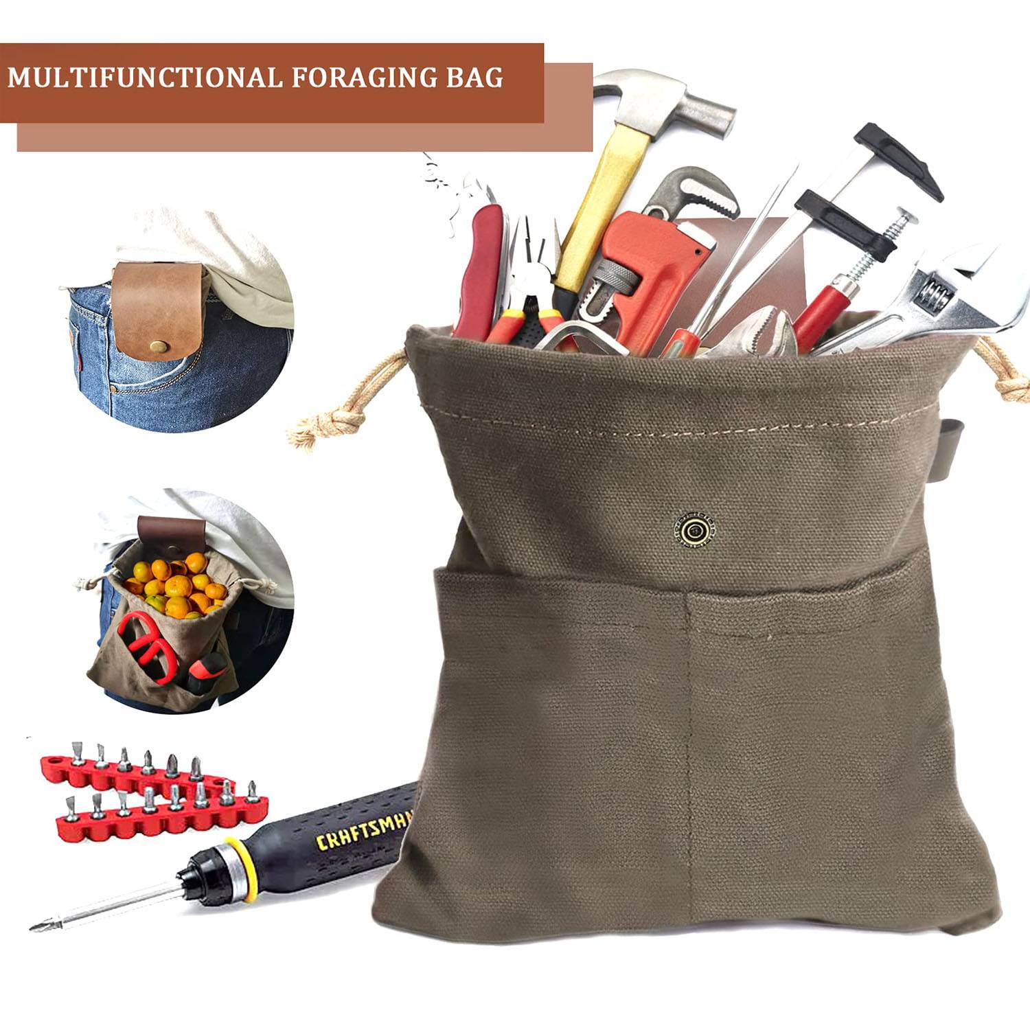 Portable Foldable Leather Canvas Foraging Pouch 2