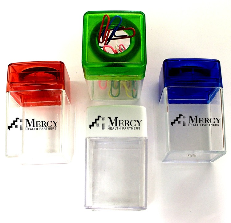Magnetic paper clip dispenser with colorful paper clips.