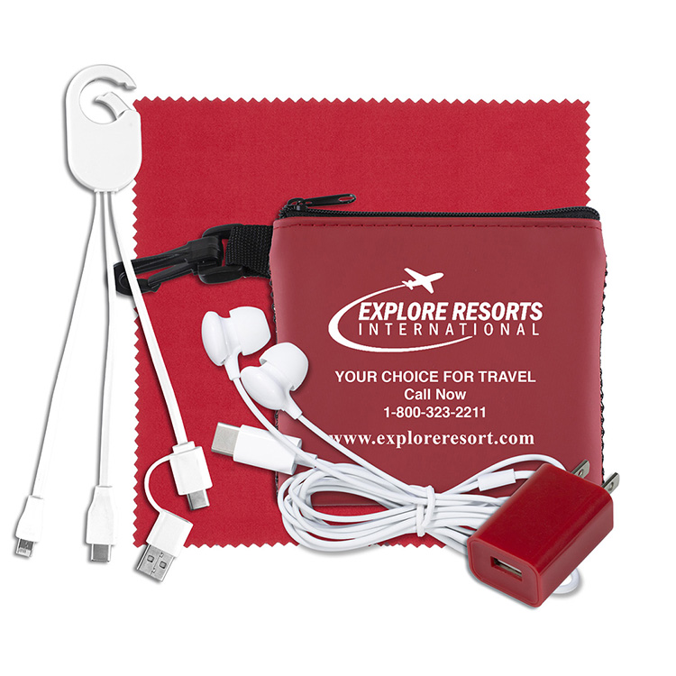 “TechMesh Clip” Mobile Tech Accessory Kit in Mesh Zipper Pouch Components inserted into Zipper Pouch 5