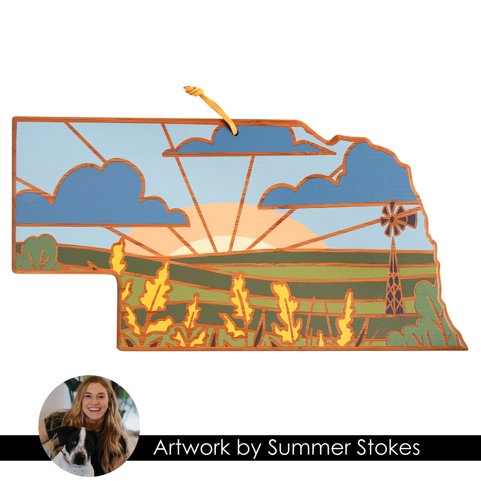 Nebraska State Shaped Serving and Cutting Board with Artwork by Summer Stokes 3
