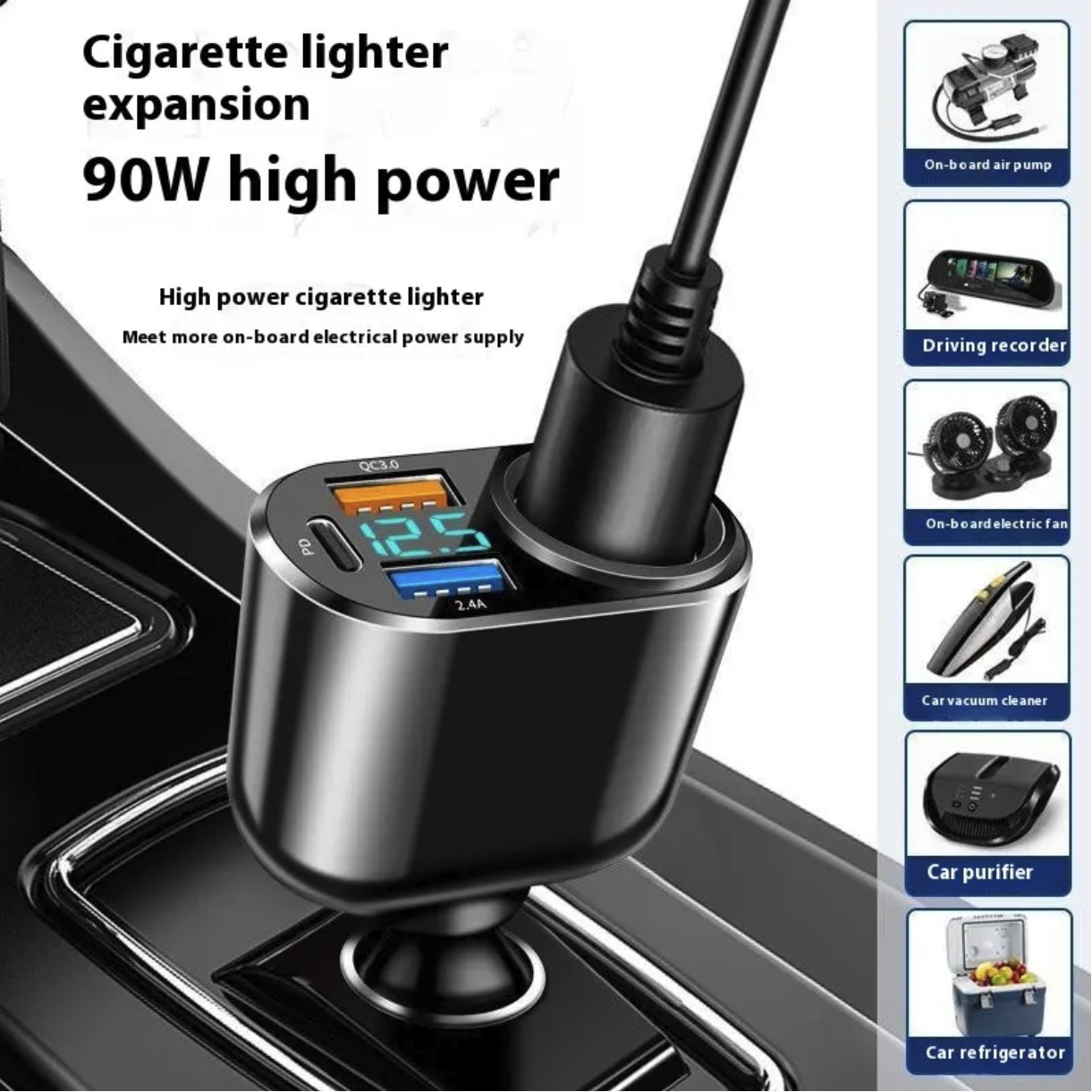 Car Cigarette Lighter Socket 3 Ports Type-C Car Charger 2