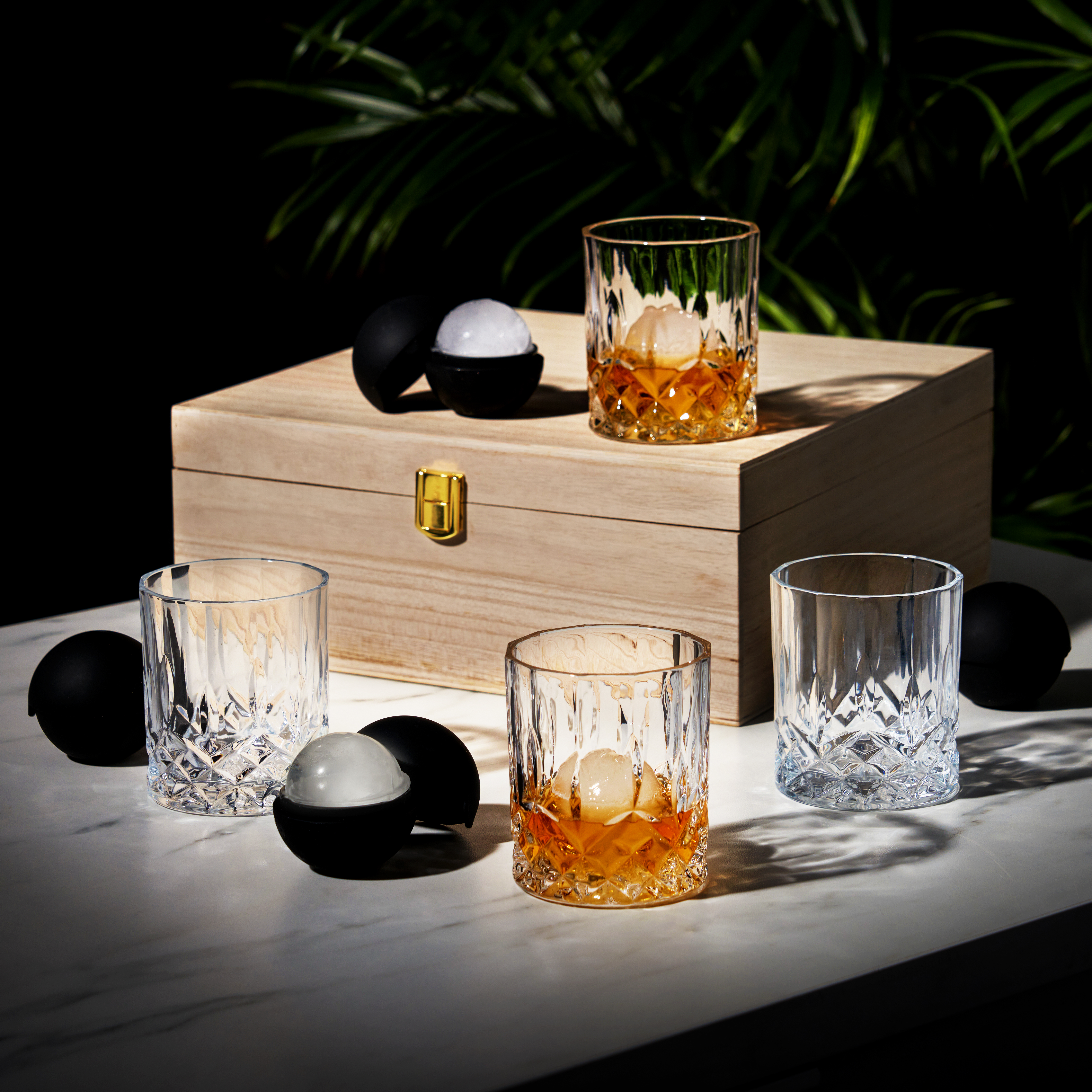 Viski® Crystal Liquor Glass and Ice Sphere Wood Box Set 8