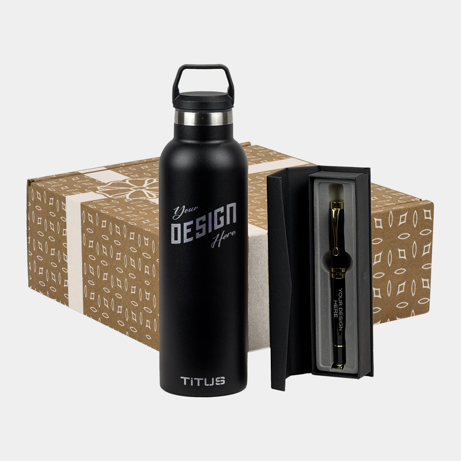 25 oz  TiTUS® Premium Insulated Sports Bottle & Chrome Trim Pen Gift Set, custom water bottle with logo imprint 1