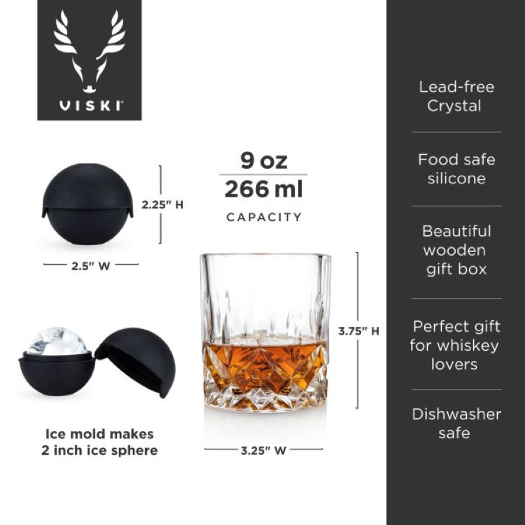 Viski® Crystal Liquor Glass and Ice Sphere Wood Box Set 2