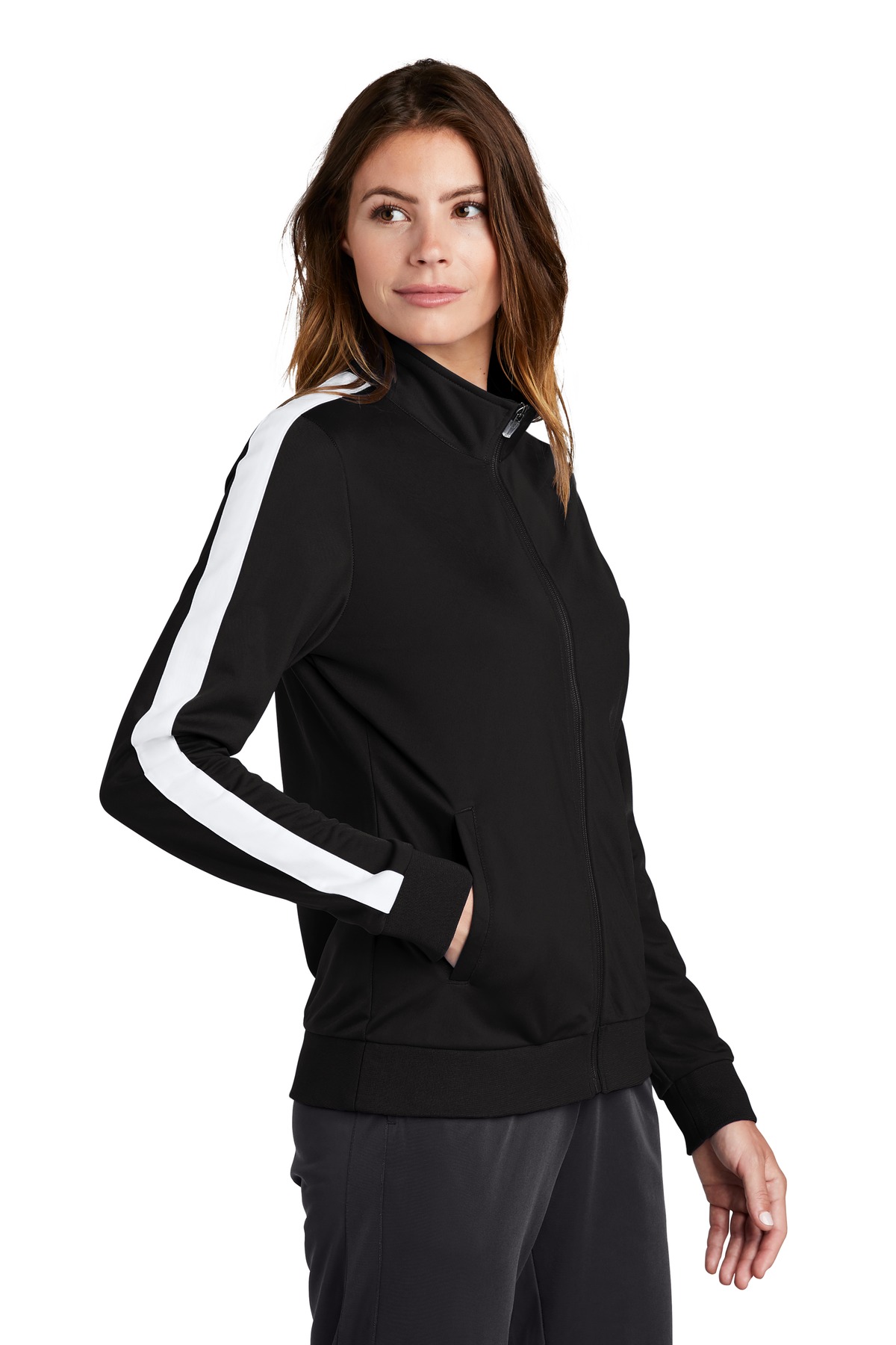 Sport-Tek Women's Tricot Sleeve Stripe Track Jacket. LST94 14