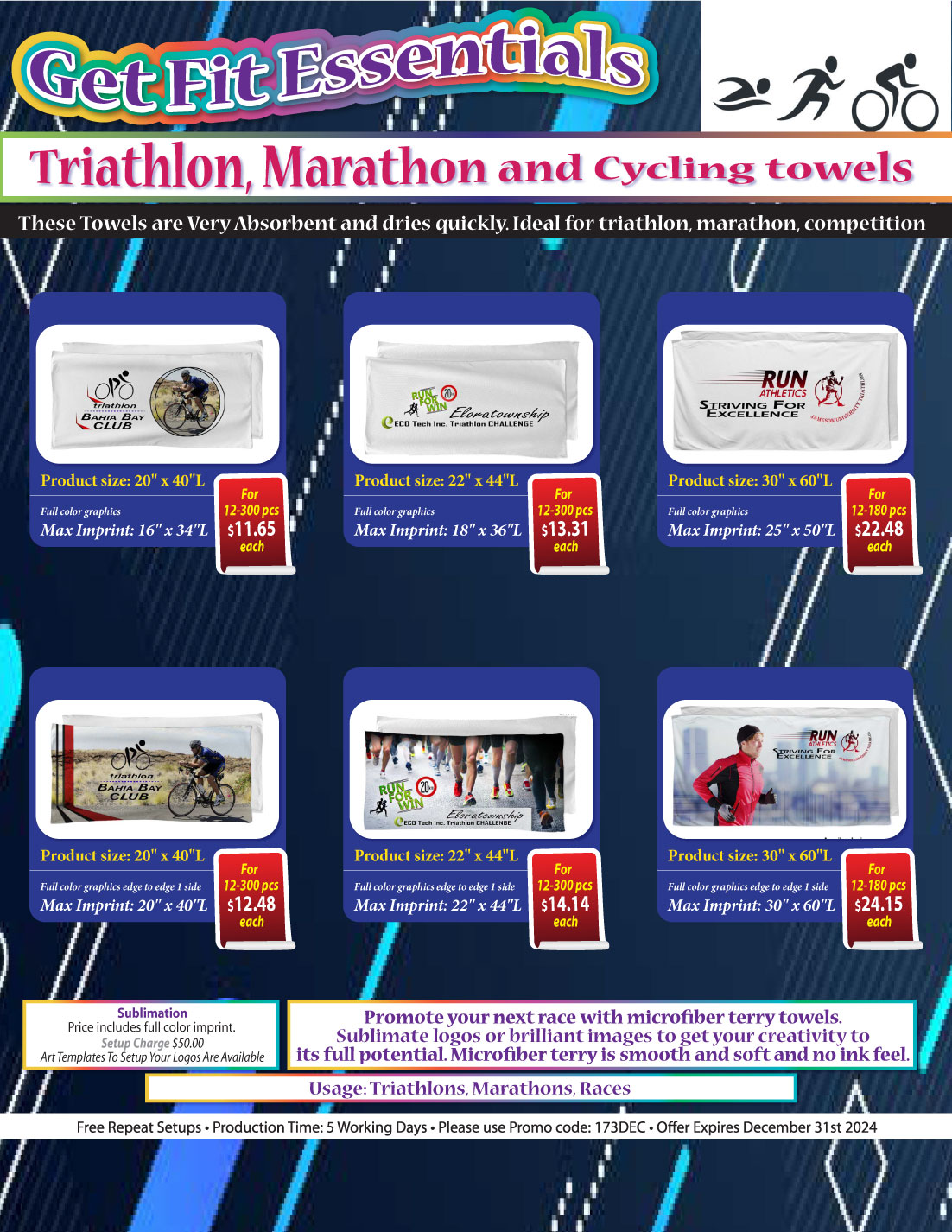 Absorbent Microfiber Dri-Lite Terry Triathlon Towel, 30x60, Sublimated Edge to Edge 1 side 5