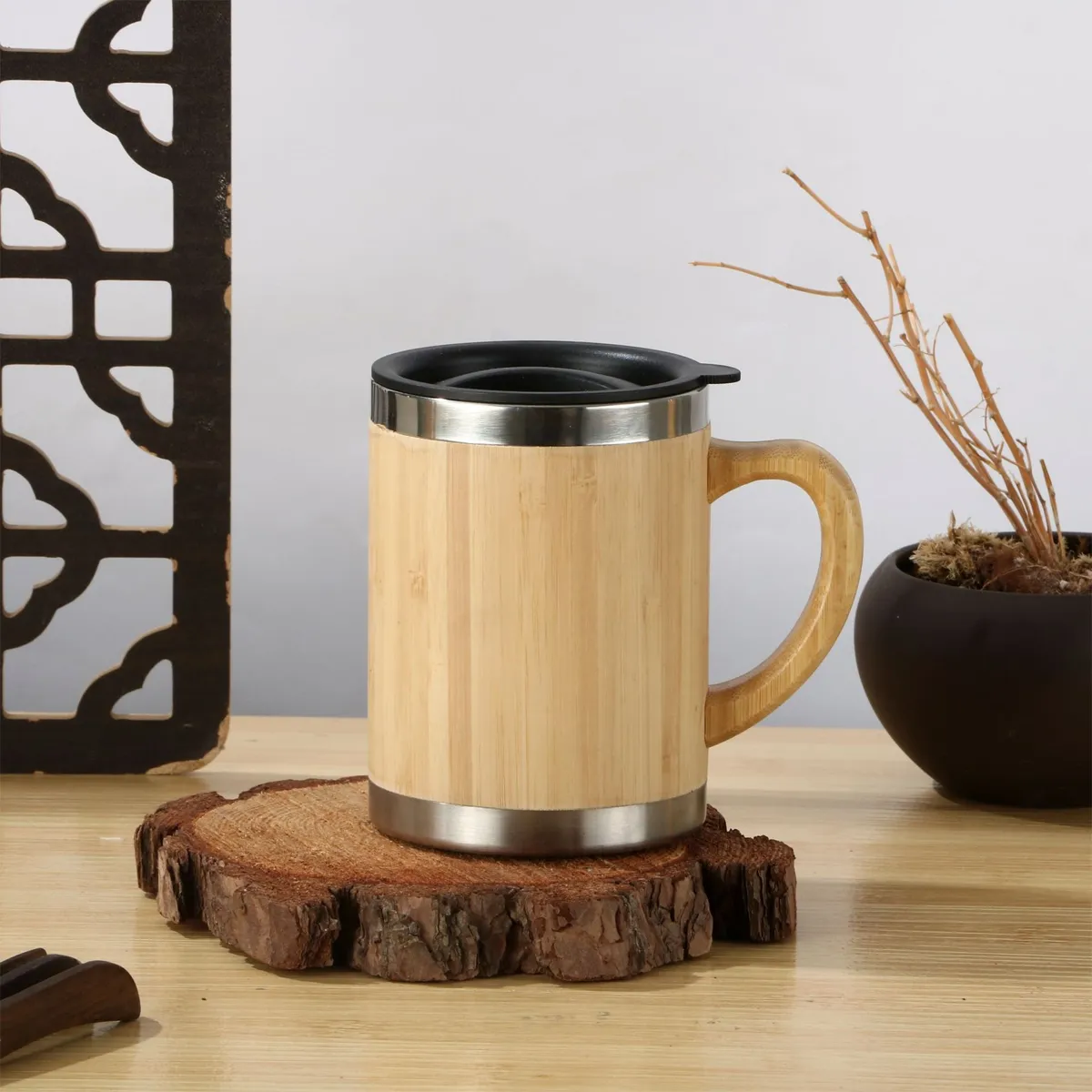 12OZ. Stainless Steel Bamboo Travel Mug with Handle and Lid 5