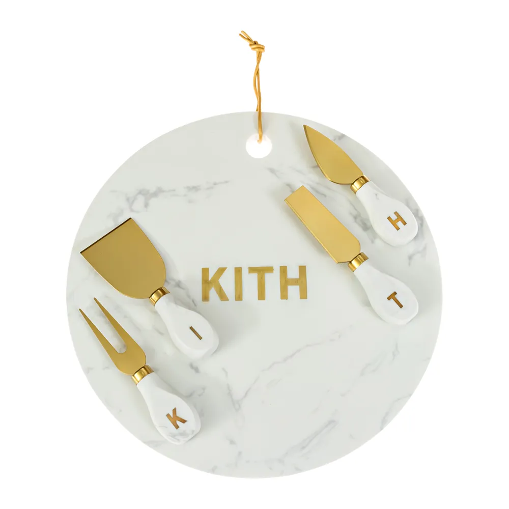 Marble Tray and Cheese Fork Set with Brass Inset Logo 5