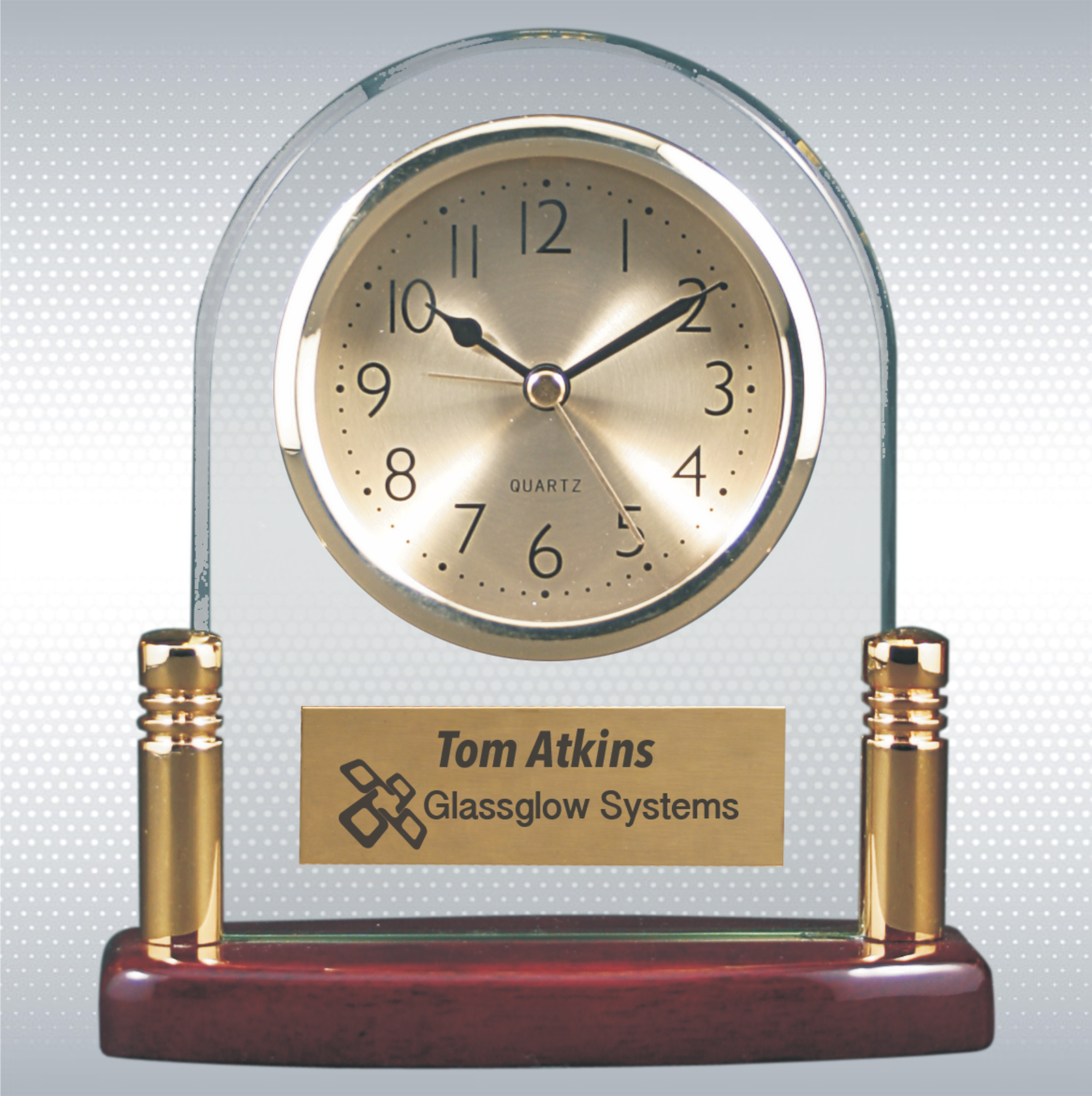 6 1/2" Arch Glass Desk Clock w/Metal Posts & Rosewood Base 2