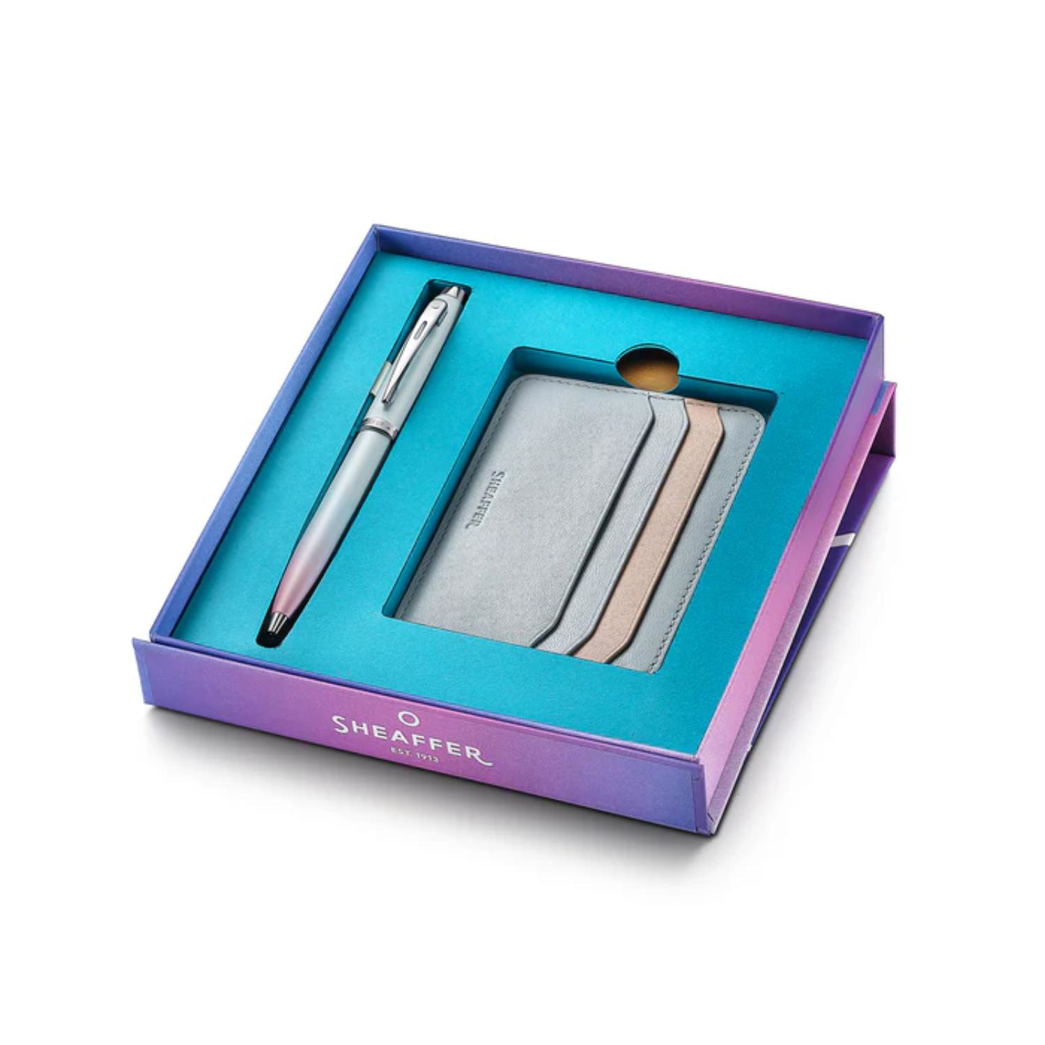SHEAFFER® Executive Gift Set 100 9376 Blue and Pink Pearlised Gradient Ballpoint Pen with Genuine Leather Card Holder 9
