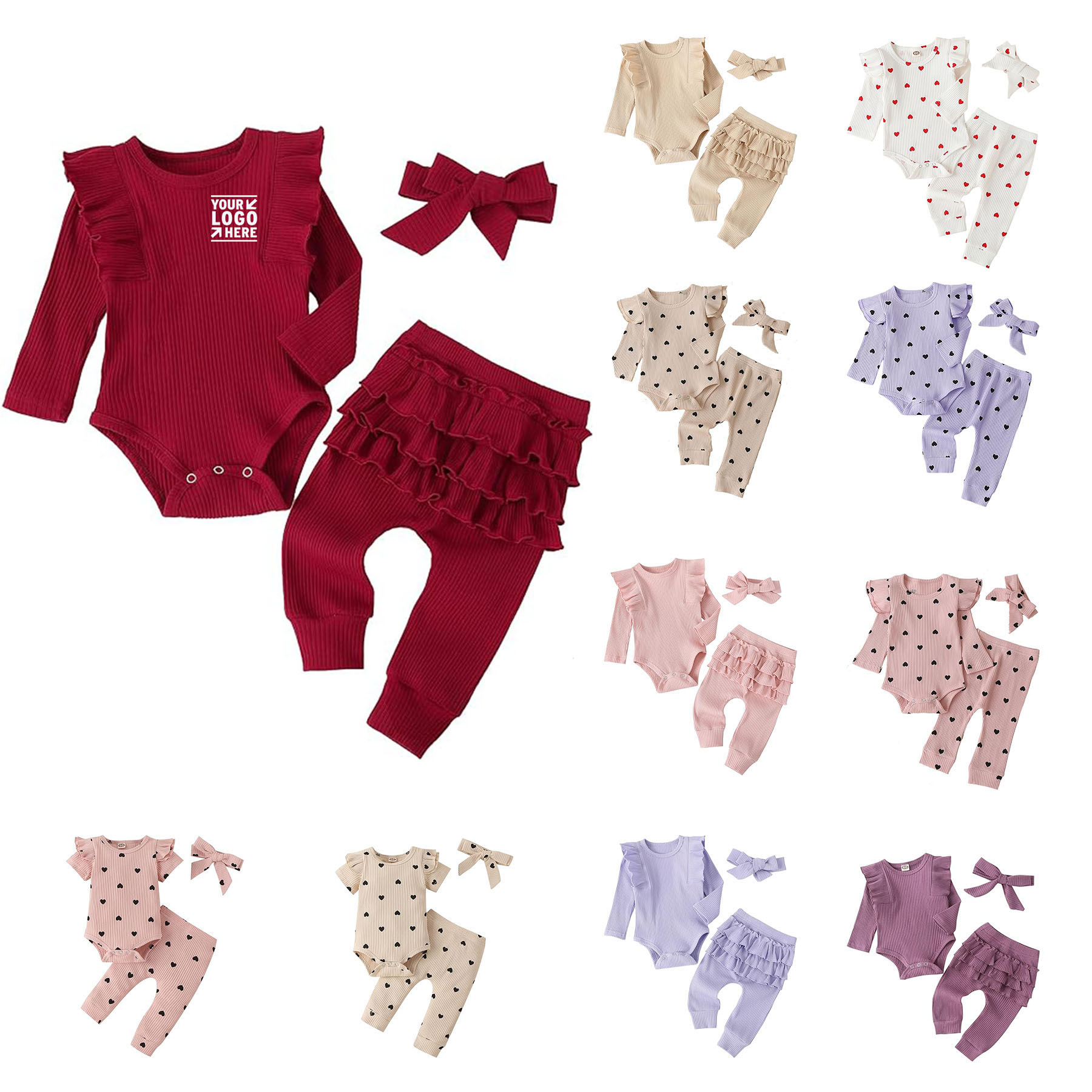 3Pc Soft Cozy Baby Girl's Rib Frill Long Sleeve Romper Pant Set
