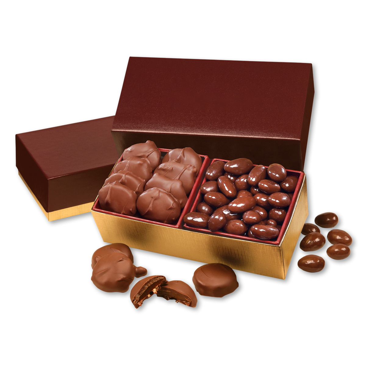 Caramel Pecan Clusters & Chocolate Almonds in Burgundy & Gold Gift Box 2