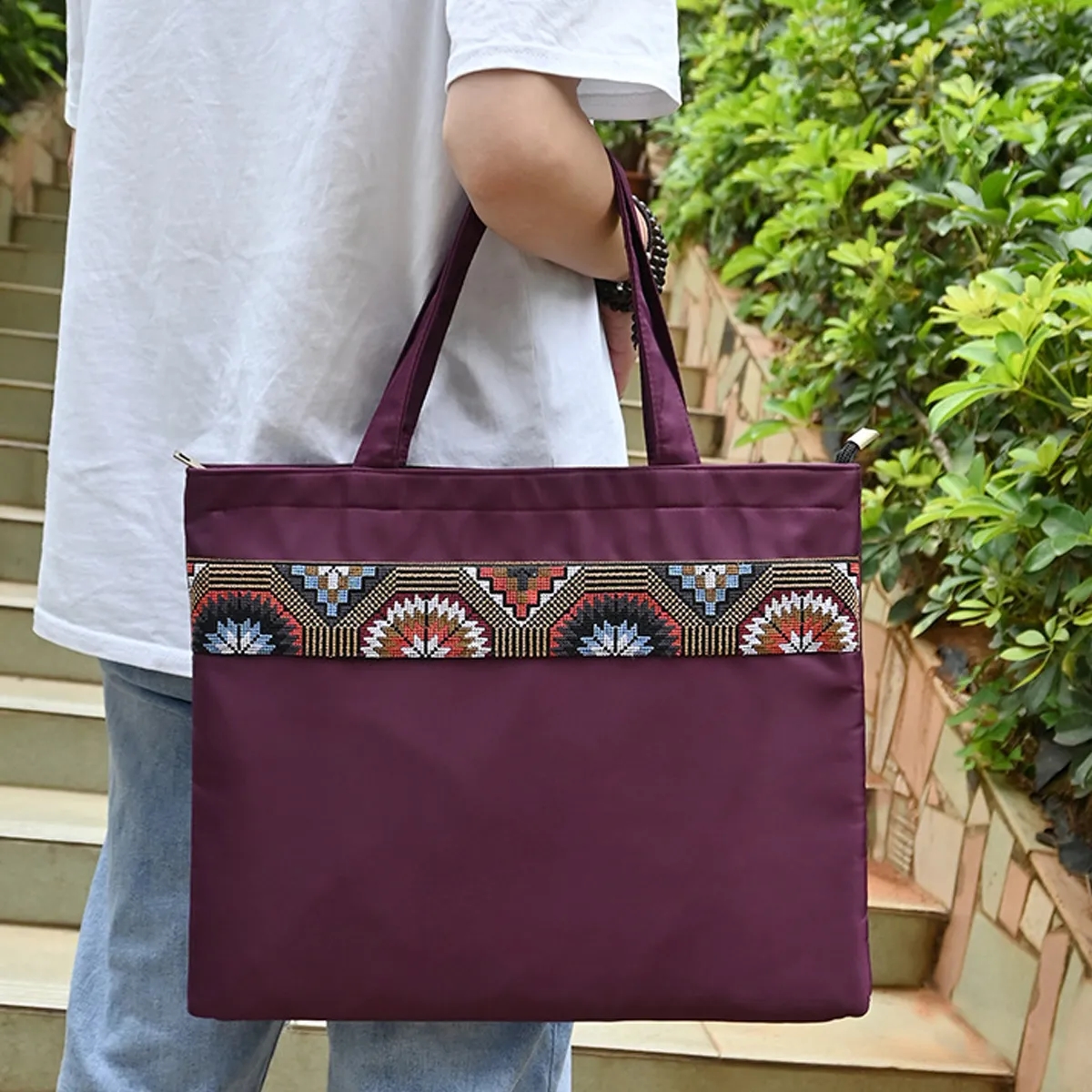 Laptop Document Tote With Zipper And Pattern Trim 2