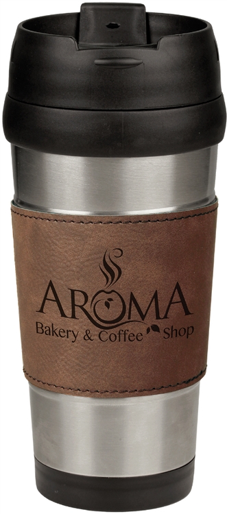 16 oz. Laser Engraved Stainless Steel Travel Mug With Dark Brown Leatherette Grip 2
