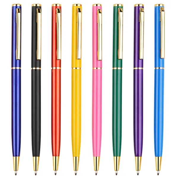 Slim Metal Hotel Ballpoint Pen w/ Gold Trim 5