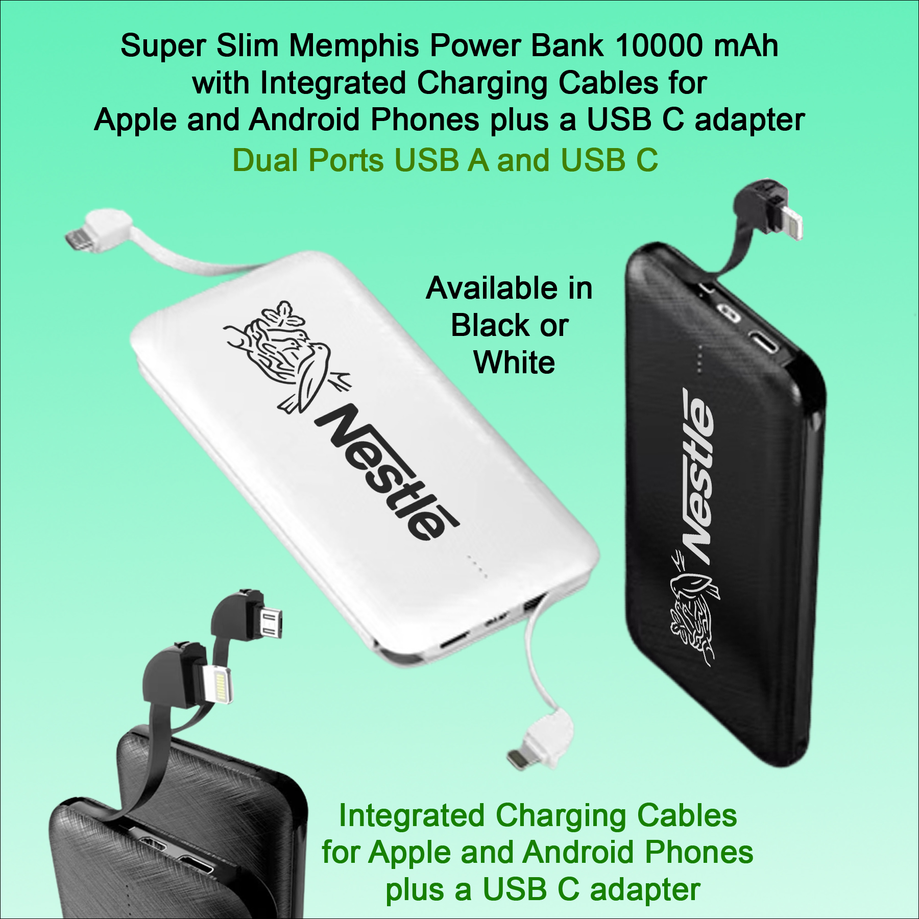 Super Slim Memphis Power Bank- 10000 mAh - with integrated Charging Cables No Extra Tariff