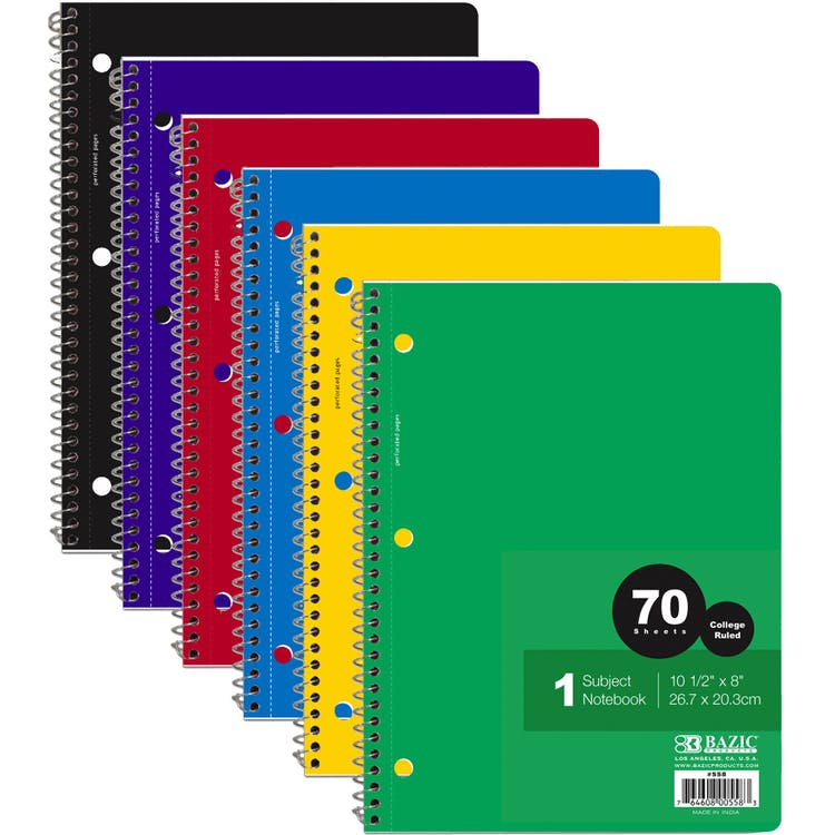 College Ruled Spiral Notebook - 70 Sheets 6 Colors 1 Subject 2