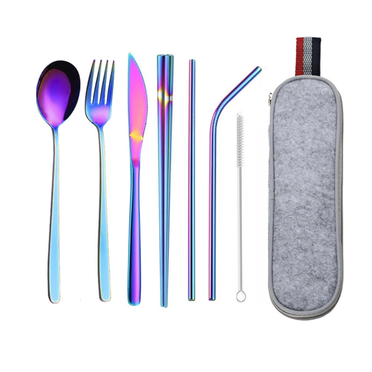 Portable 7 pcs Stainless Steel Cutlery Set w/Felt Bag 5