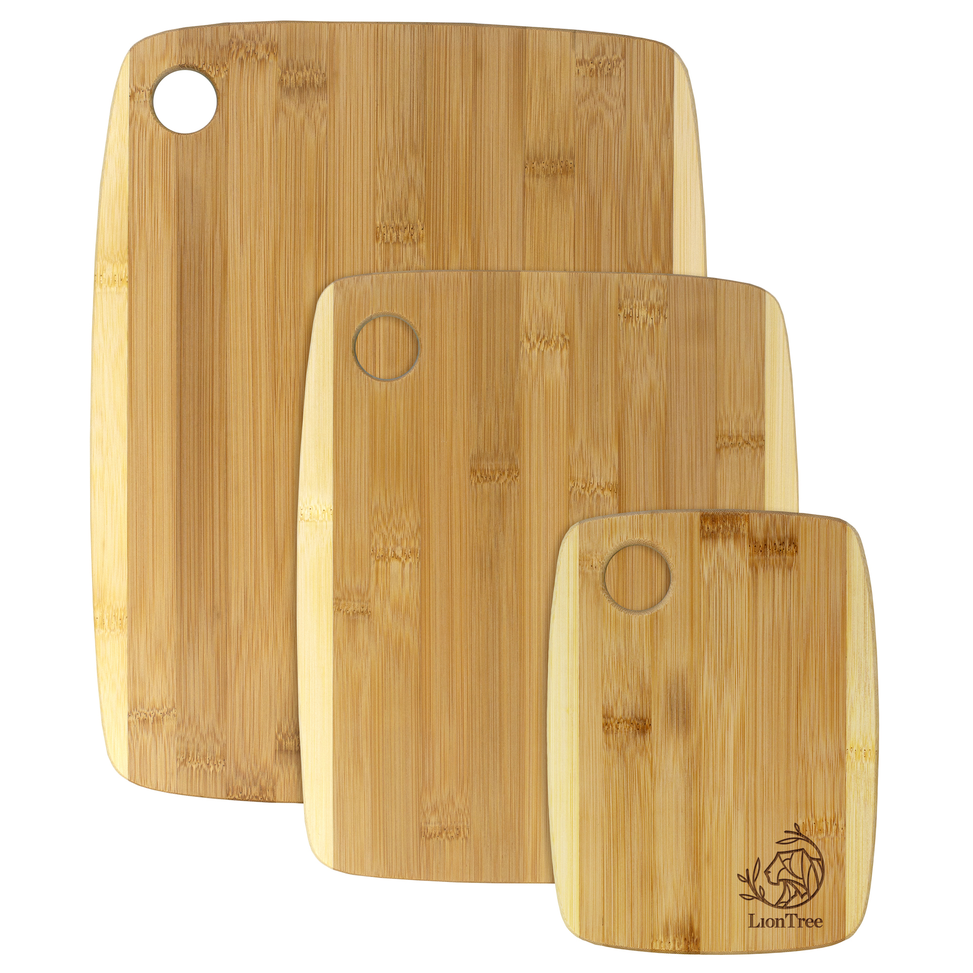 3-Piece Two-Tone Bamboo Serving and Cutting Board Set, 14" x 11" x 3/8", 11" x 9" x 3/8", and 8" x 6