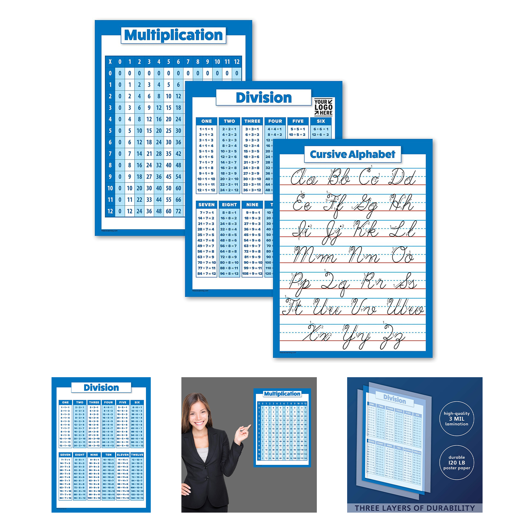 18" x 24" 3 Pack Multiplication Table Poster, Division and Cursive ABC Alphabet Chart 2