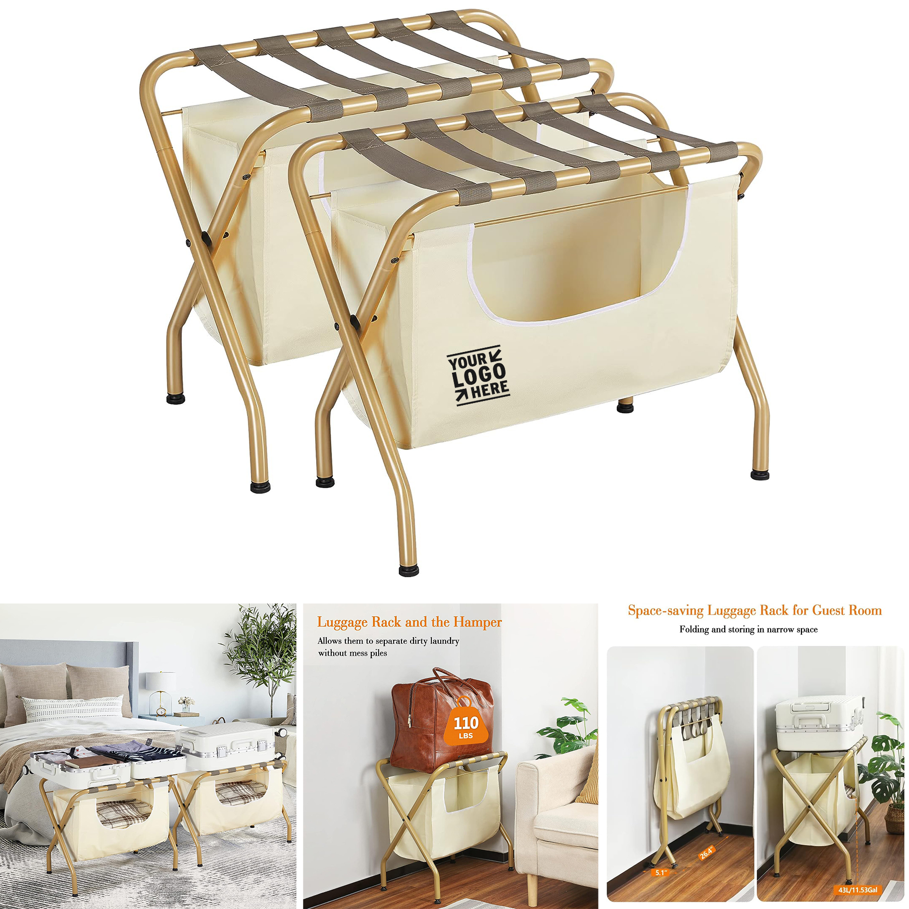 Hotel Guest Room Folding Space Saving Max 110LBS Suitcase Holder Shelf Luggage Rack with Laundry Bag 2