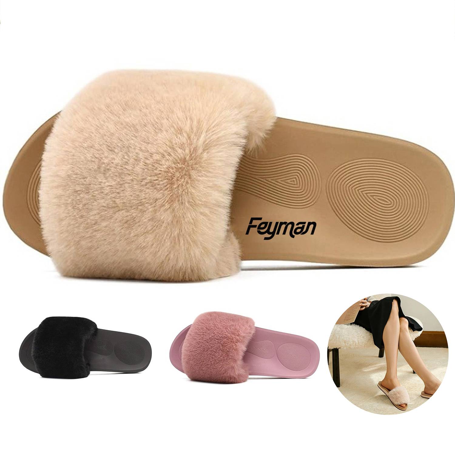 Womens Open Toe Fluffy Slide Slippers 2