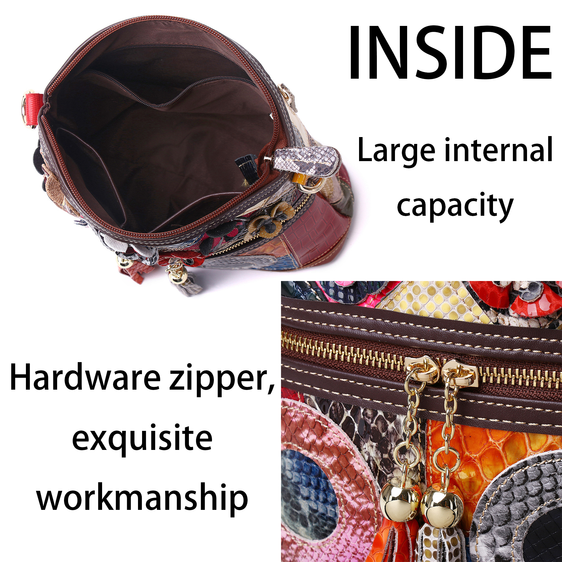 Genuine Leather Contrasting hand-fringed floral paneling bag 2