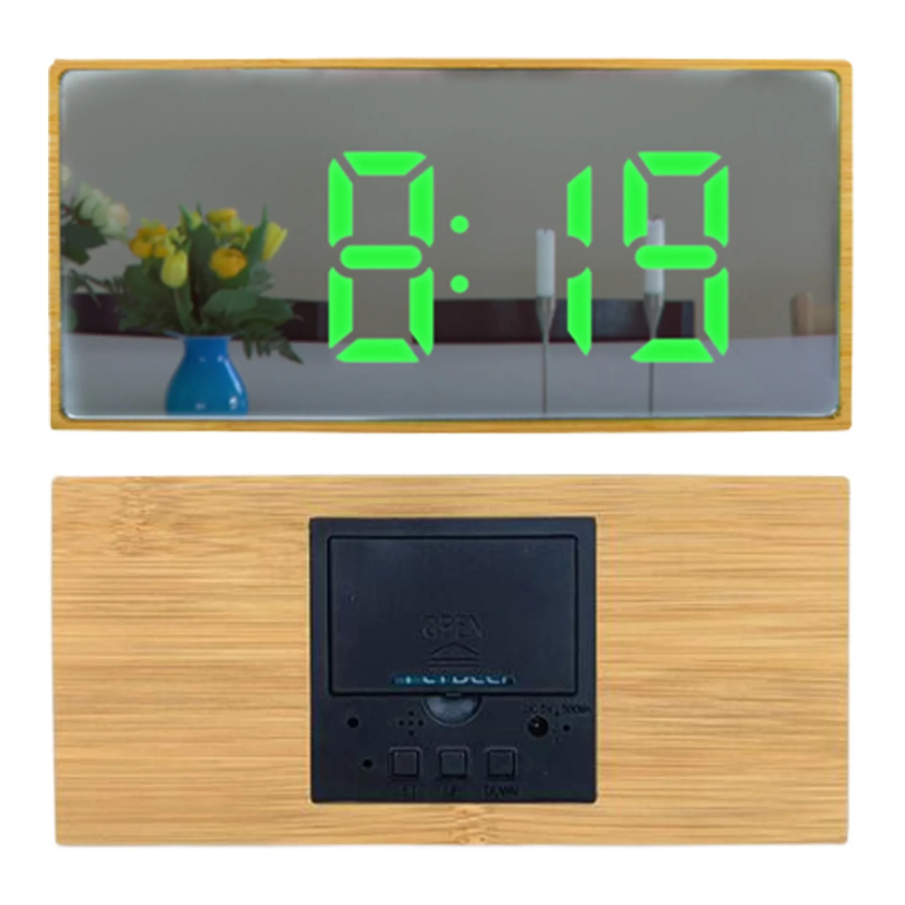 Bamboo Multifunction Mirror Led Clock 2