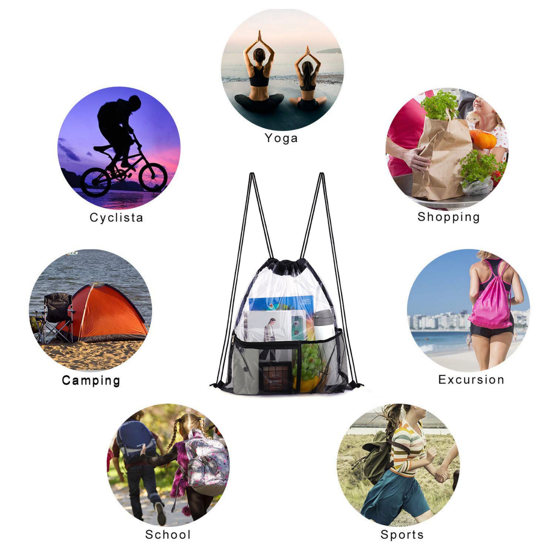 Clear PVC Drawstring Backpack Bag with Front Zipper Mesh Pocket 8